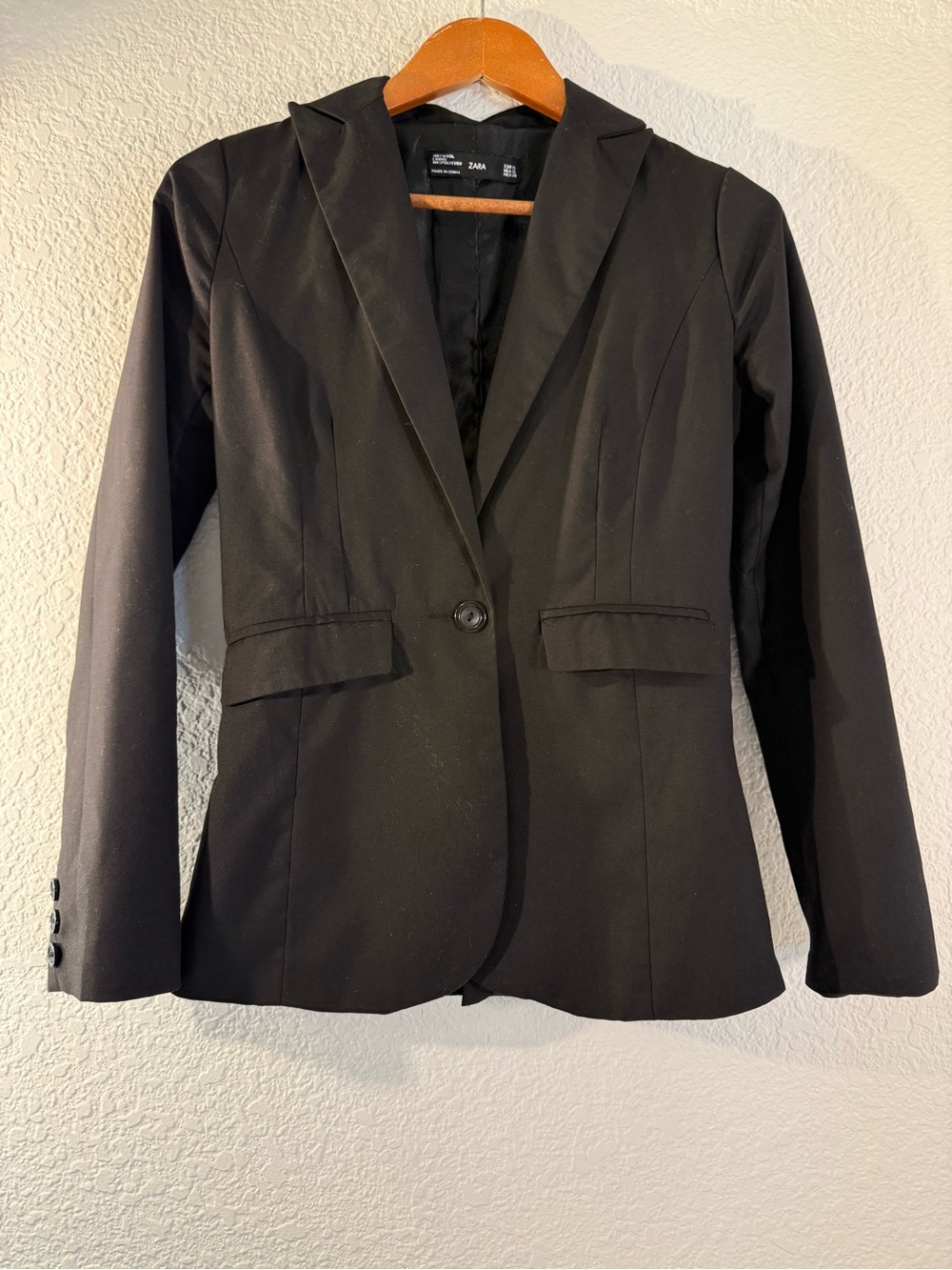 ZARA 100% Wool Black Tailored Blazer Jacket Single Button Womens Size Small S
